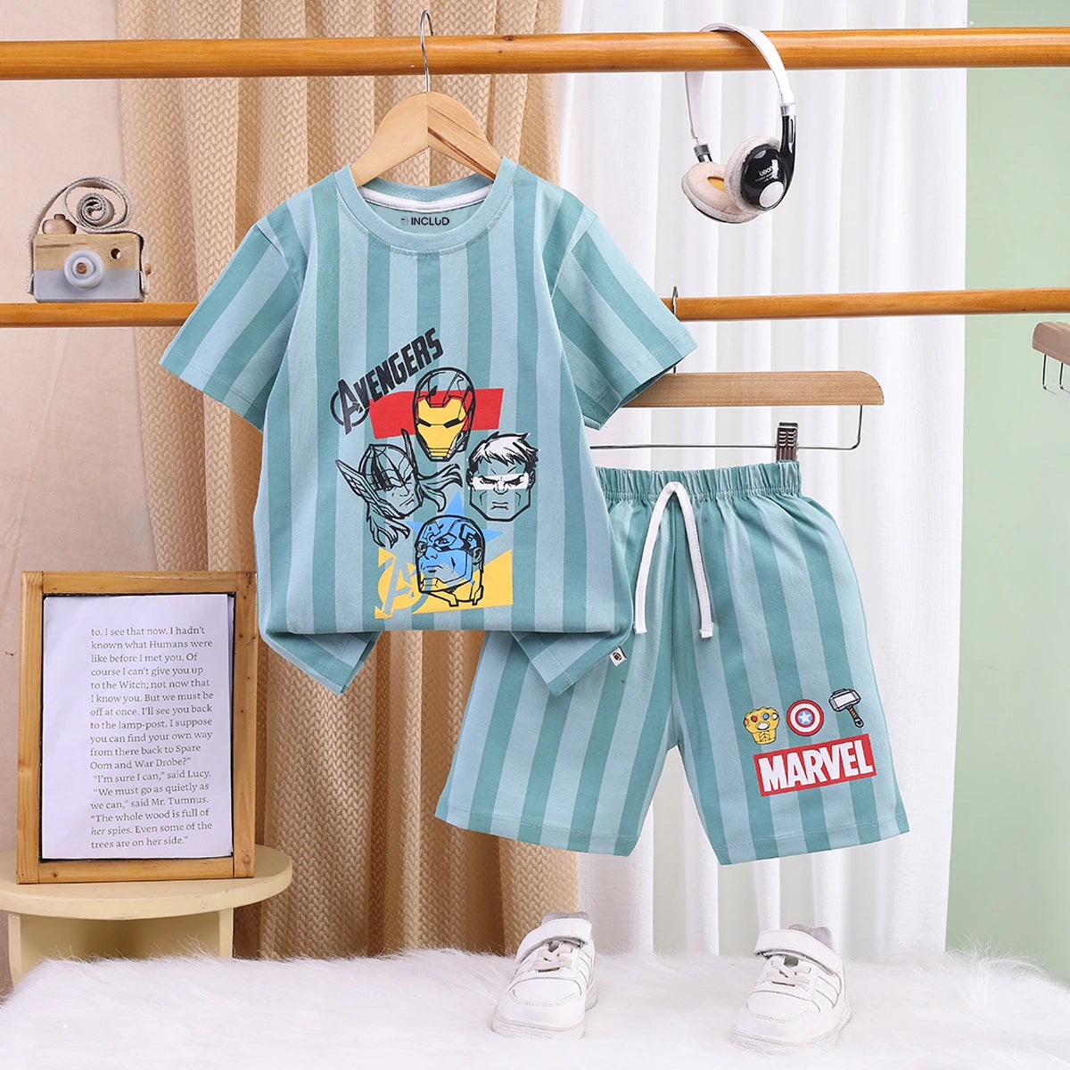 Boys Sea Green Avengers Characters T-Shirt With Elasticated Shorts Sets 2 pc. Sets Sea Green 2-3 Y