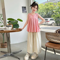 Girls Sleeveless Empire Line Top With Pants Set Sets Pink 6-7 Y 