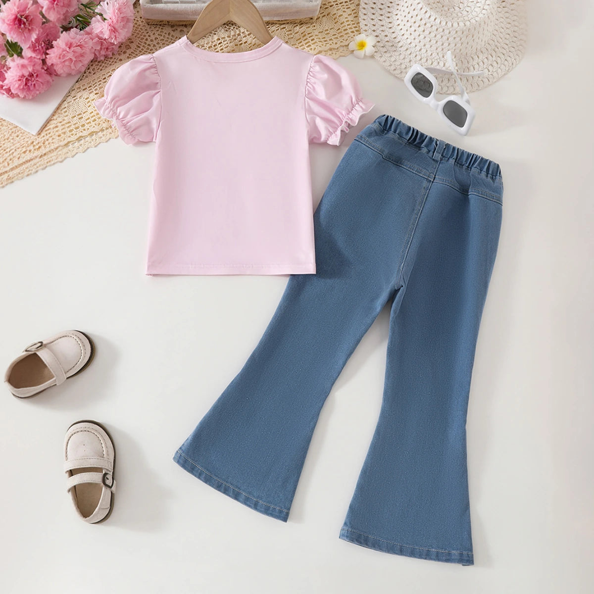 Girls Pink Graphics Top With Floral Printed Denim Pants Set Sets