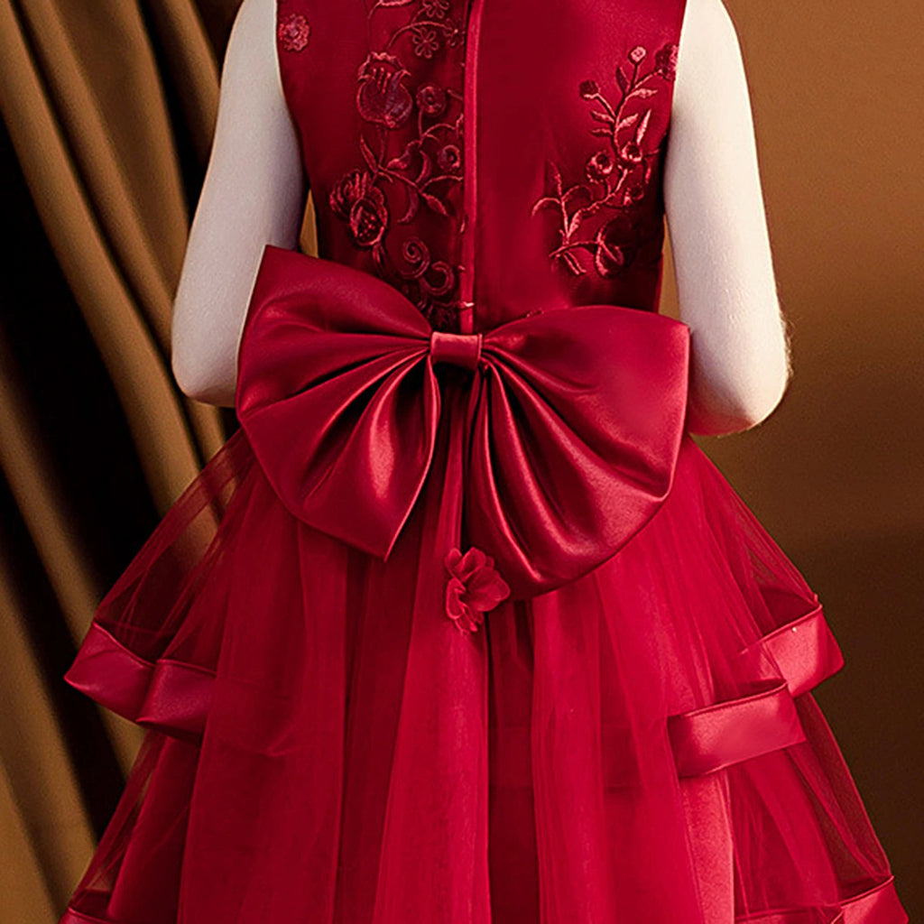 Girls Maroon Embroidered Sleeveless Layered Party Dress With Bow Party Dresses