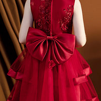 Girls Maroon Embroidered Sleeveless Layered Party Dress With Bow Party Dresses