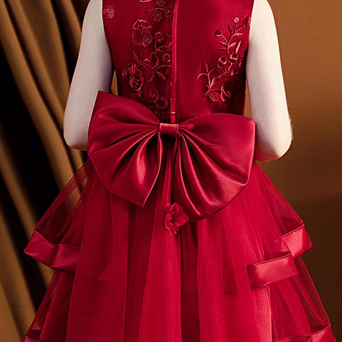 Girls Maroon Embroidered Sleeveless Layered Party Dress With Bow Party Dresses