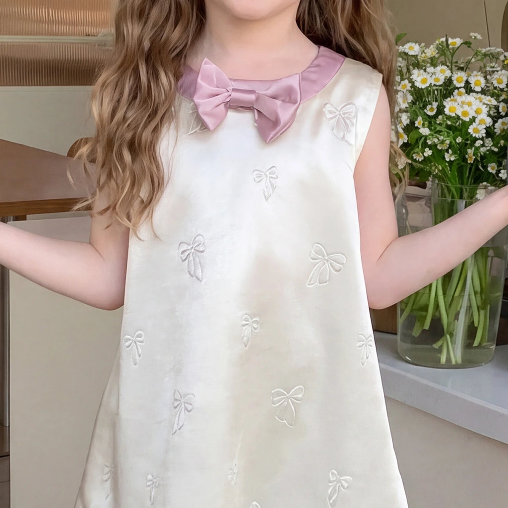 Girls Cream Bow Applique Sleeveless A-Line Dress Casual Dresses
