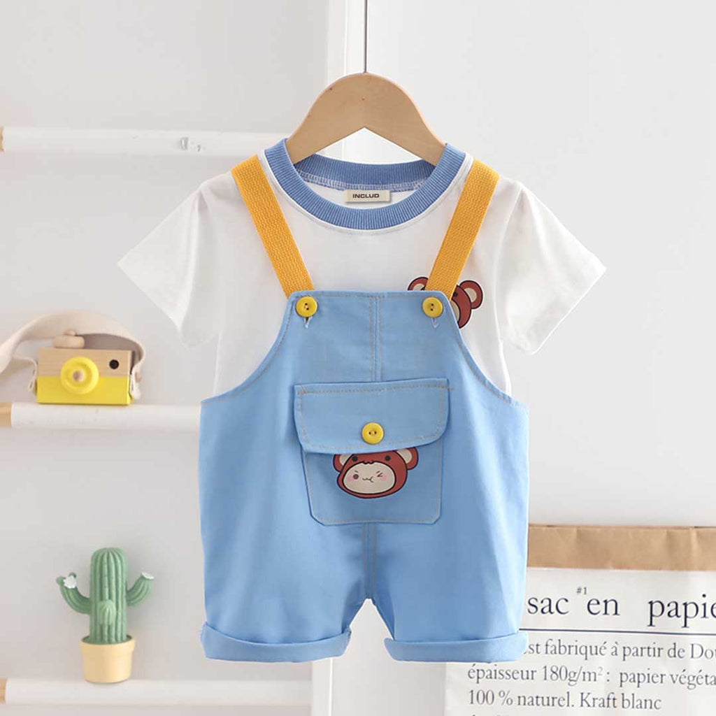Boys Graphic Print T-shirt with Dungaree Set