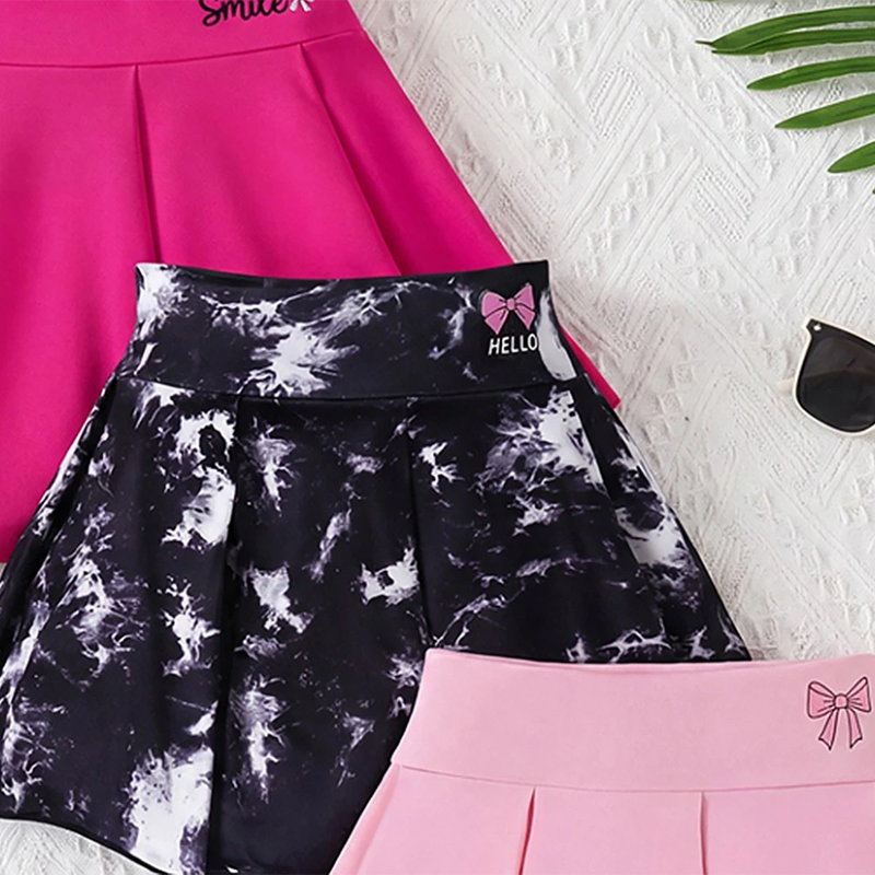 Girls Multicolor Bow Print Pleated Skorts Pack Of 3 Skirts