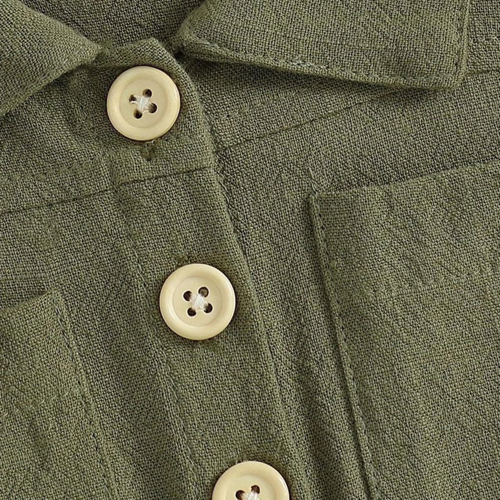 Girls Olive Green Button Front Short Sleeve Romper With Bow Detail Playsuits