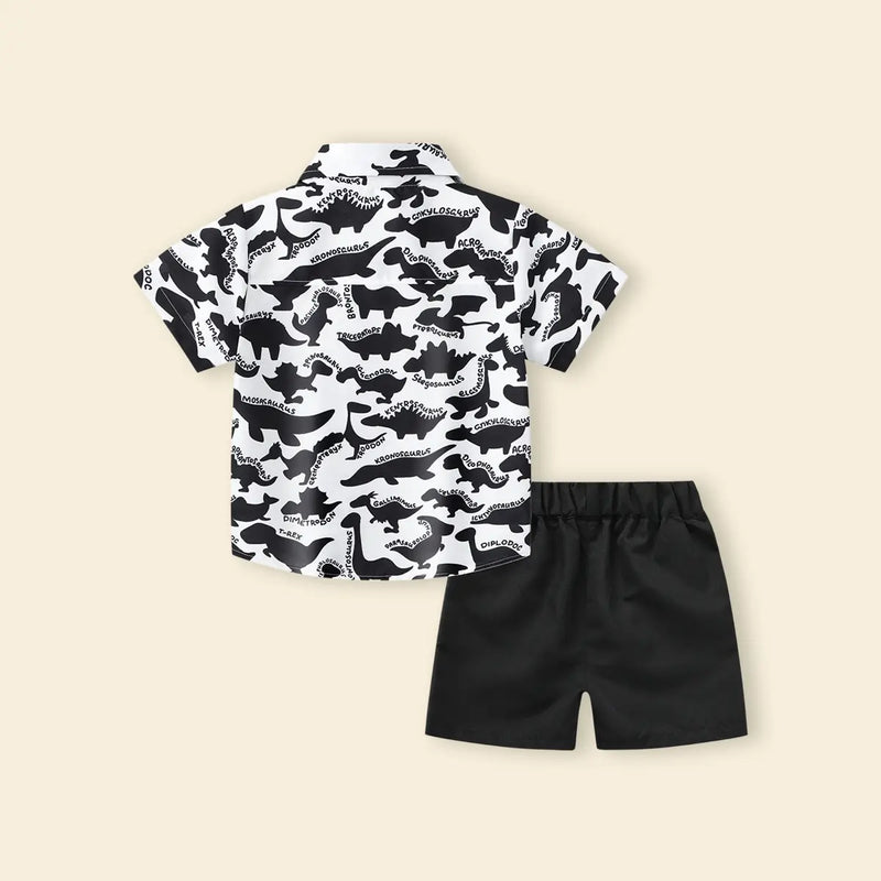 Boys Black Dinosaur Print Short Sleeves Button-Down Shirt With Shorts Set Sets