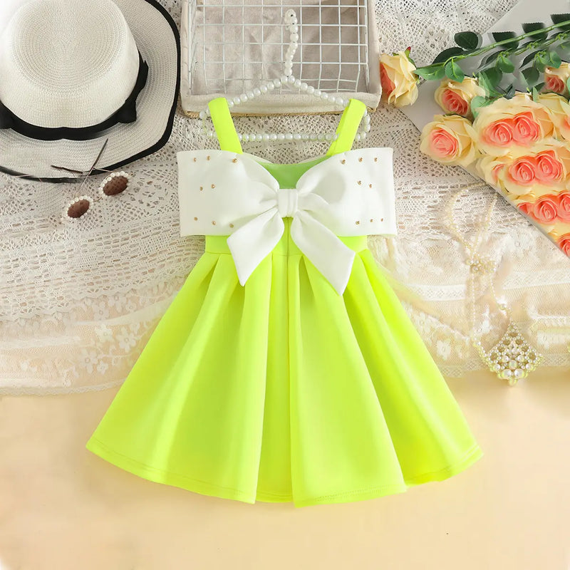 Girls Lime Yellow Sleeveless Fit & Flare Party Wear Dress With Elegant Bow Detail Party Dresses