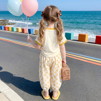 Girls Yellow Typography Print Short Sleeve T-Shirt With Polka Dot Pants Sets 2 pc. Sets