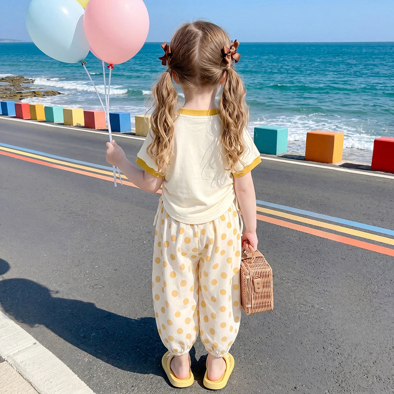 Girls Yellow Typography Print Short Sleeve T-Shirt With Polka Dot Pants Sets 2 pc. Sets