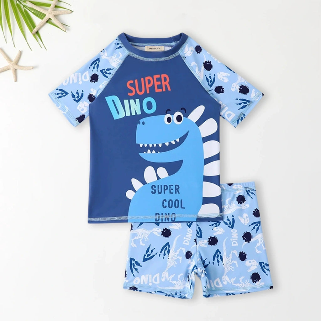 Boys Sky Blue Dinosaur Print T-Shirt With Shorts Swimwear Sets Sets Sky Blue 3-4 Y