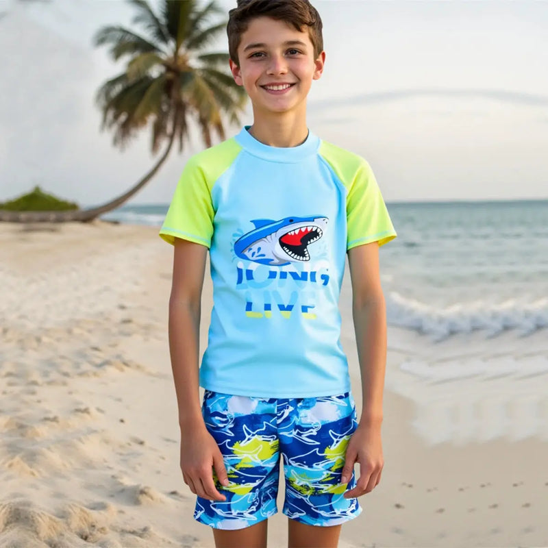 Boys Light Blue Shark Printed Short Sleeves T-Shirt & Shorts Swimsuit Sets Sets