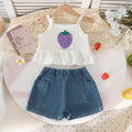 Girls Purple 3D Strawberry Applique Sleeveless Top With Denim Shorts Set Sets Purple 2-3 Y