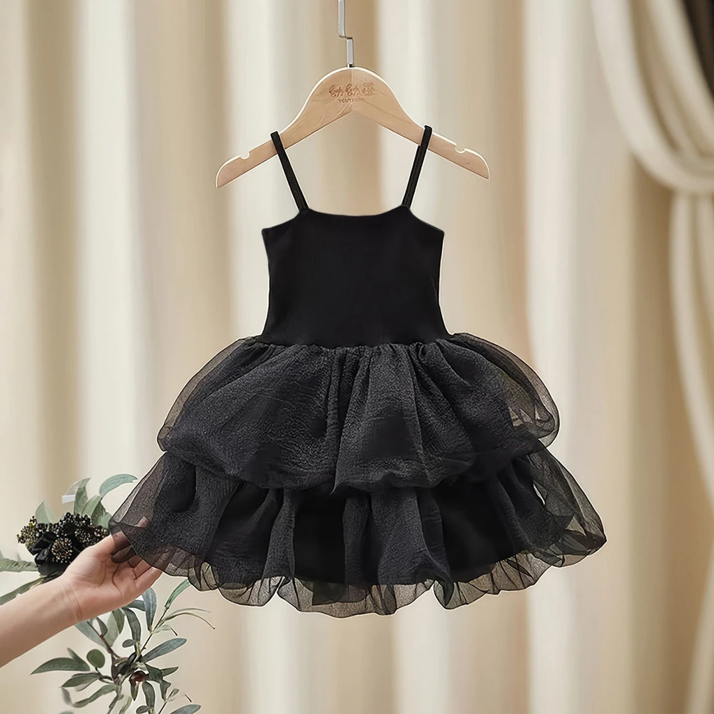 Girls Black Sleeveless Tulle Ruffles Fit & Flare Dress Casual Dresses