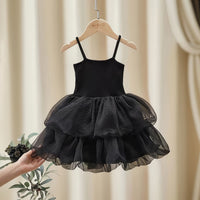 Girls Black Sleeveless Tulle Ruffles Fit & Flare Dress Casual Dresses
