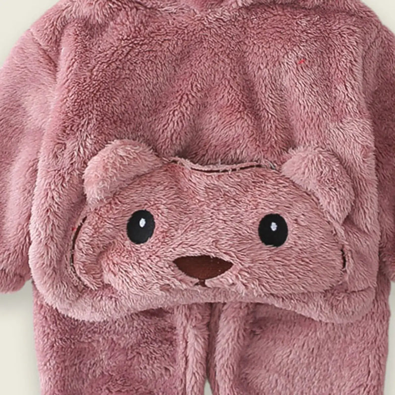 Boys Plush Pink Fleece Bear Themed Hoodie With Jogger Sets Sets