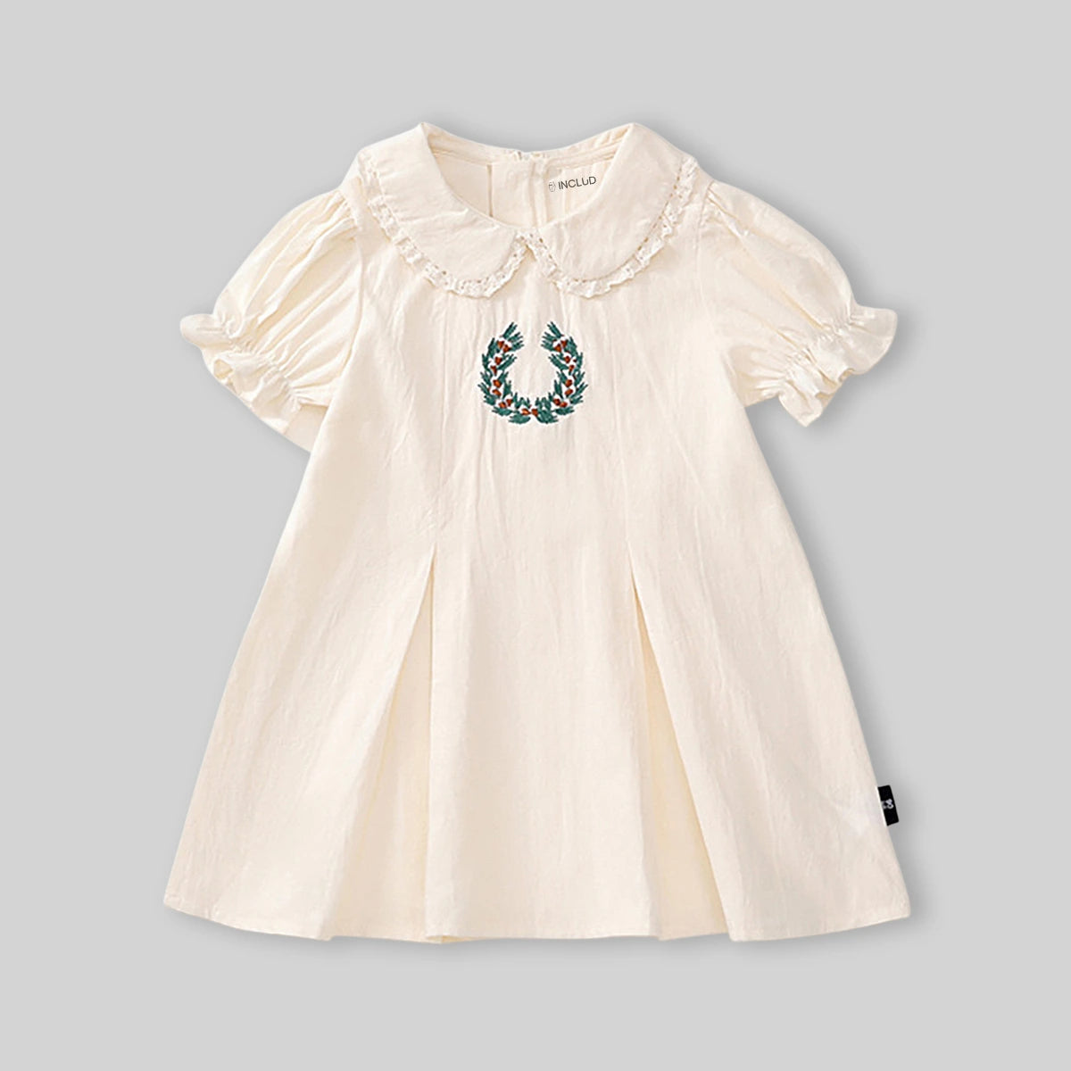 Girls Off White Embroidered Peter Pan Collar A-Line Dress Casual Dresses