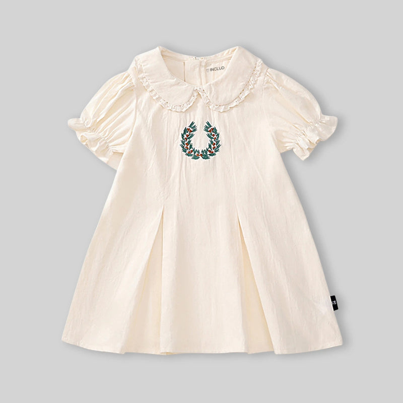 Girls Off White Embroidered Peter Pan Collar A-Line Dress Casual Dresses