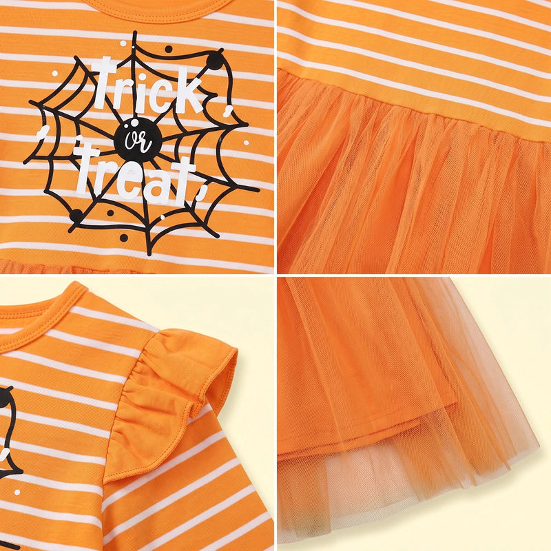 Girls Orange Striped Long Sleeve Fit & Flare Dress Casual Dresses
