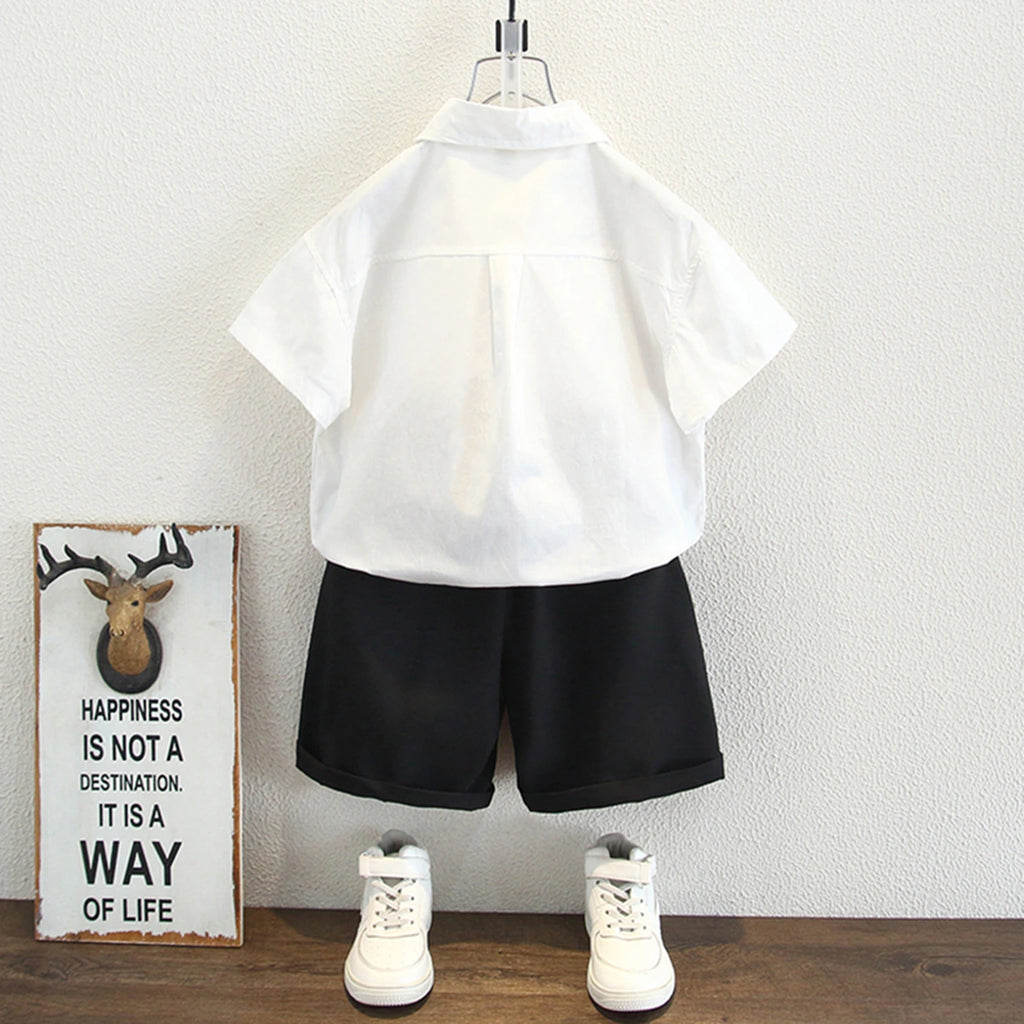 Boys White Solid Short Sleeves Shirt With Shorts Set Sets