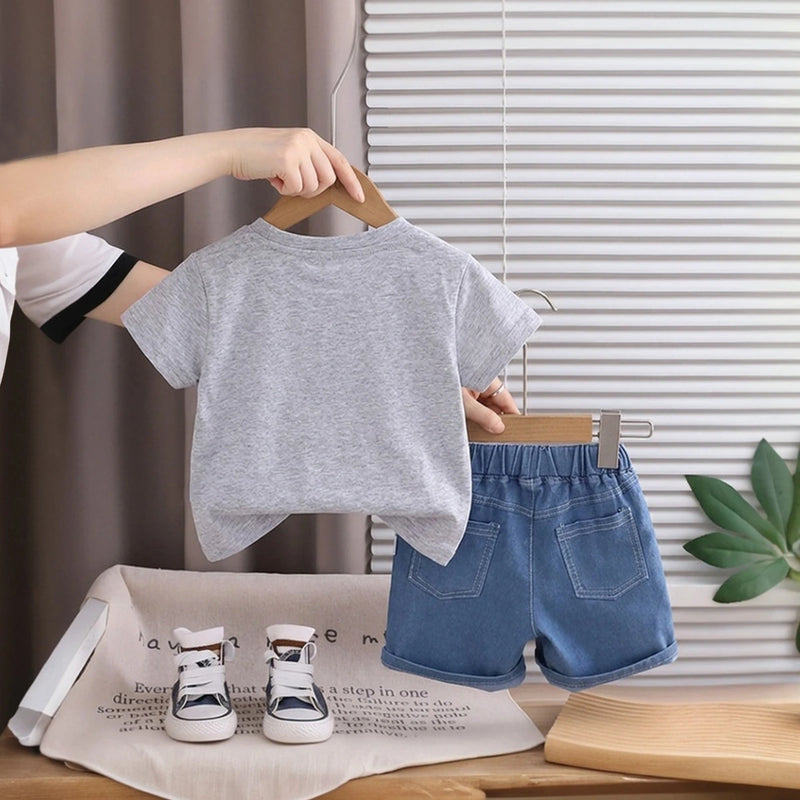 Boys Sky Blue Bear Applique T-Shirt With Denim Shorts Sets 2 pc. Sets