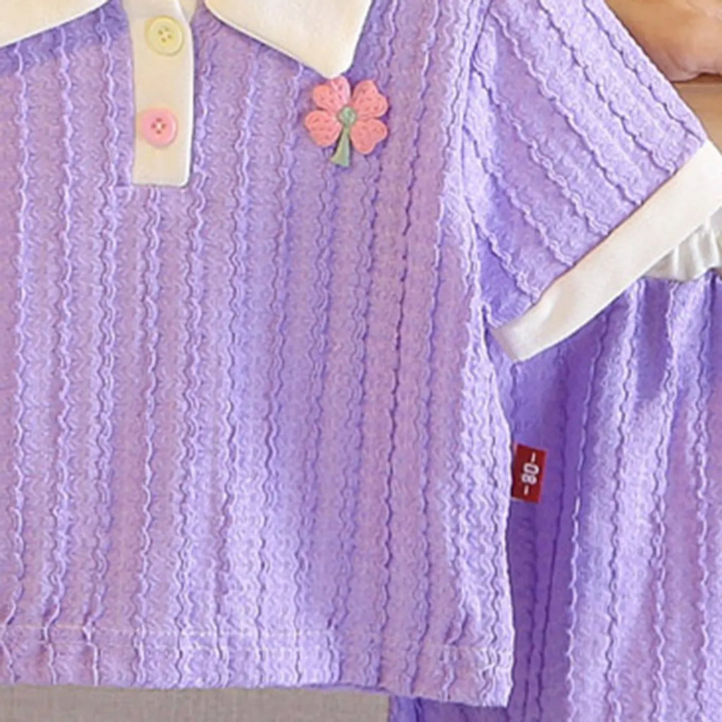 Girls Purple Textured Polo T-Shirt With Shorts Co-ord Sets Sets