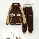 Boys Brown Typographic Printed Hooded Zipper Jacket With Jogger Sets