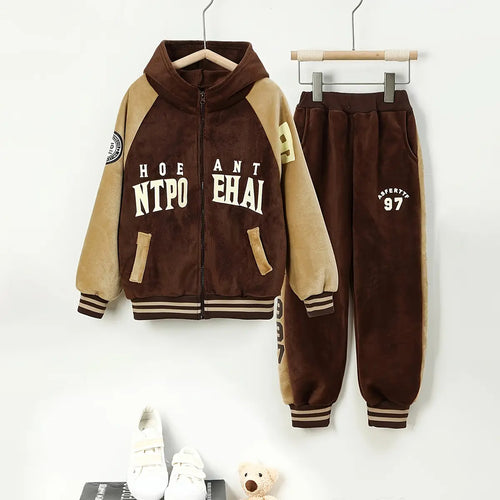 Boys Brown Typographic Printed Hooded Zipper Jacket With Jogger Sets Sets Brown 5-6 Y