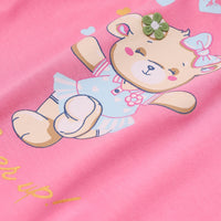 Girls Pink Teddy Bear Graphics Puff Sleeve Top With Printed Shorts Sets Sets