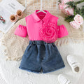 Girls Fuchsia Rose Applique Cold-Shoulder Top With Denim Shorts Sets Sets Fuchsia 2-3 Y