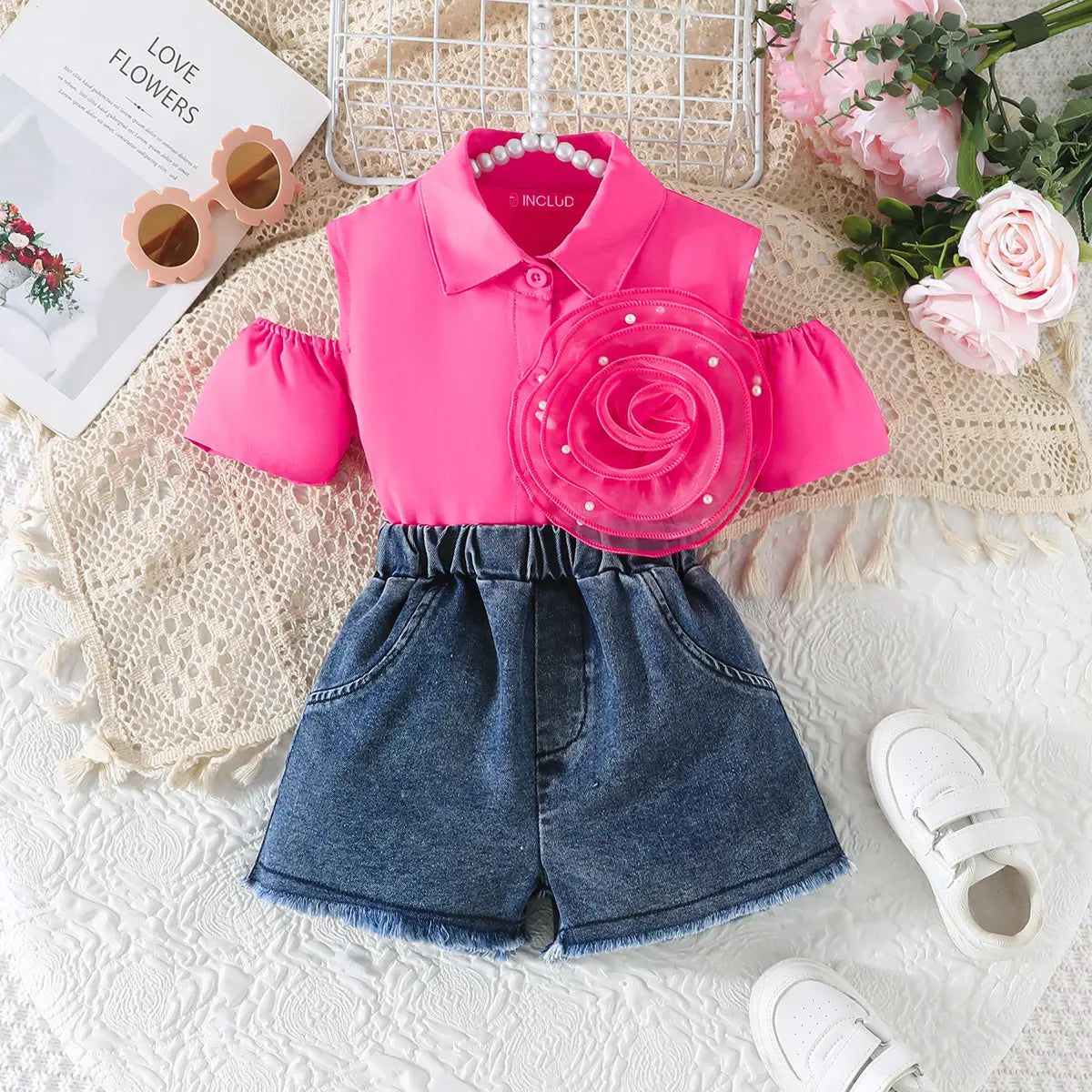 Girls Fuchsia Rose Applique Cold-Shoulder Top With Denim Shorts Sets Sets Fuchsia 2-3 Y