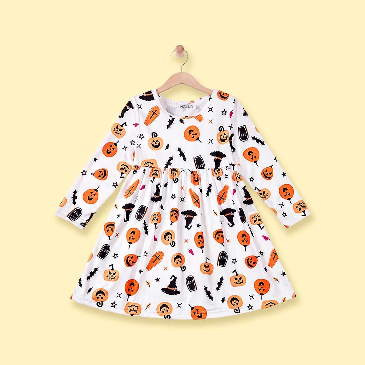 Girls White Halloween Pumpkin Print Fit & Flare Dress Casual Dresses White 1-2 Y
