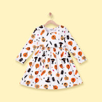 Girls White Halloween Pumpkin Print Fit & Flare Dress Casual Dresses White 1-2 Y