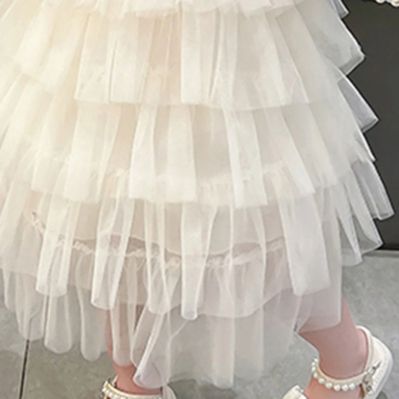 Girls Apricot Embroidered Multilayer Tulle Overlay Party Wear Dress Party Dresses