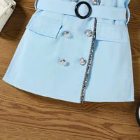 Girls Light Blue Cap Sleeve Belted Blazer Dress Casual Dresses