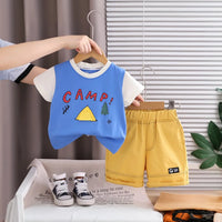 Boys Blue Camp Graphic Round Neck T-Shirt with Elasticated Shorts Sets 2 pc. Sets Blue 1-2 Y