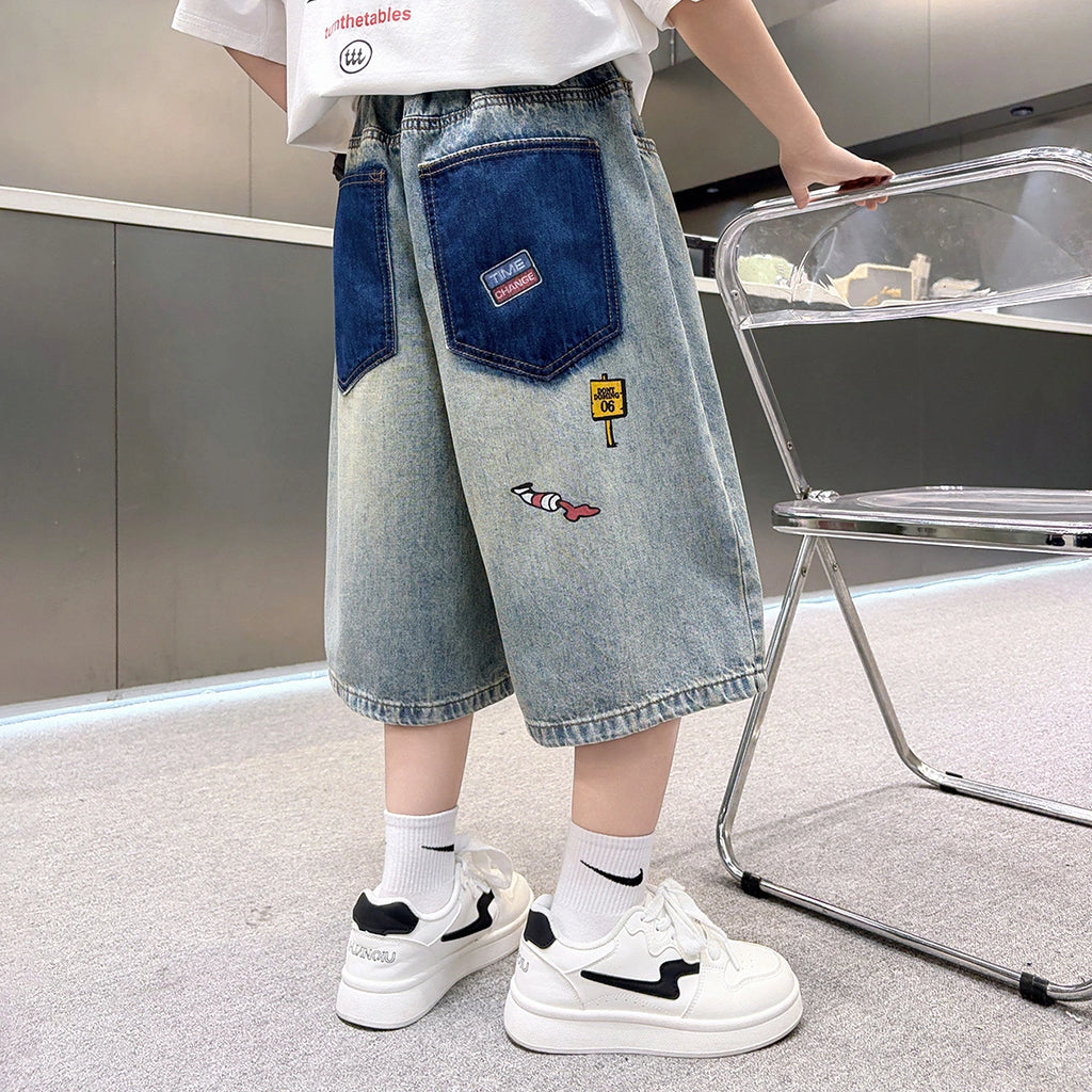 Boys Light Blue Graphic Print Denim Shorts Shorts