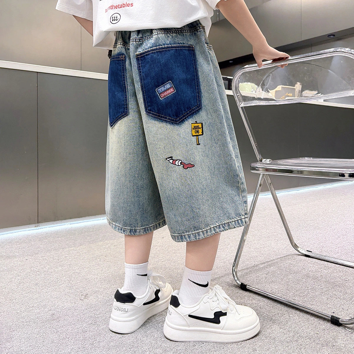 Boys Light Blue Graphic Print Denim Shorts Shorts
