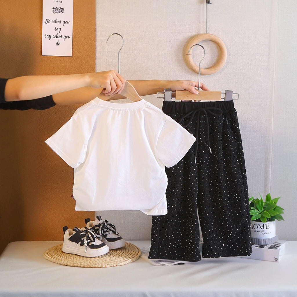 Girls White Frayed-Denim Star Applique T-Shirt With Micro-Dot Embellished Pant Sets Sets