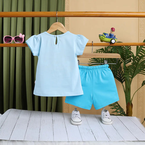 Girls Light Blue Mermaid Print Short Sleeves Top With Shorts Sets Sets