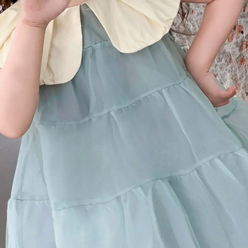 Girls Light Blue Tiered A-Line Dress With Oversized collar Casual Dresses