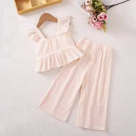 Girls Pink Stripes Sleeveless Top With Pants Co-ord Sets Sets