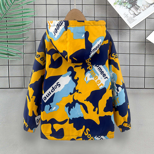 Boys Yellow Abstract Printed Hooded Zipper Jacket Coats & Jackets