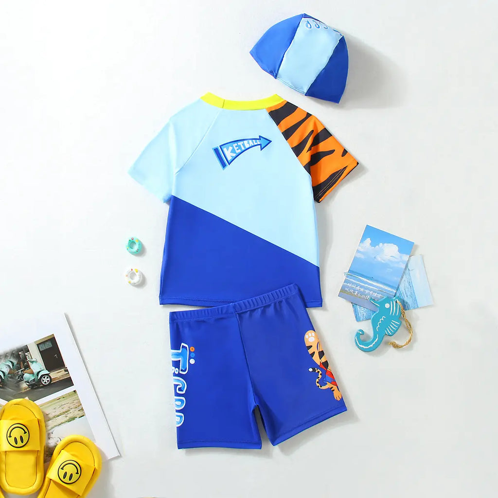 Boys Blue Tiger Cartoon Print T-Shirt With Shorts & Swim Cap Swimwear Sets Beachwear