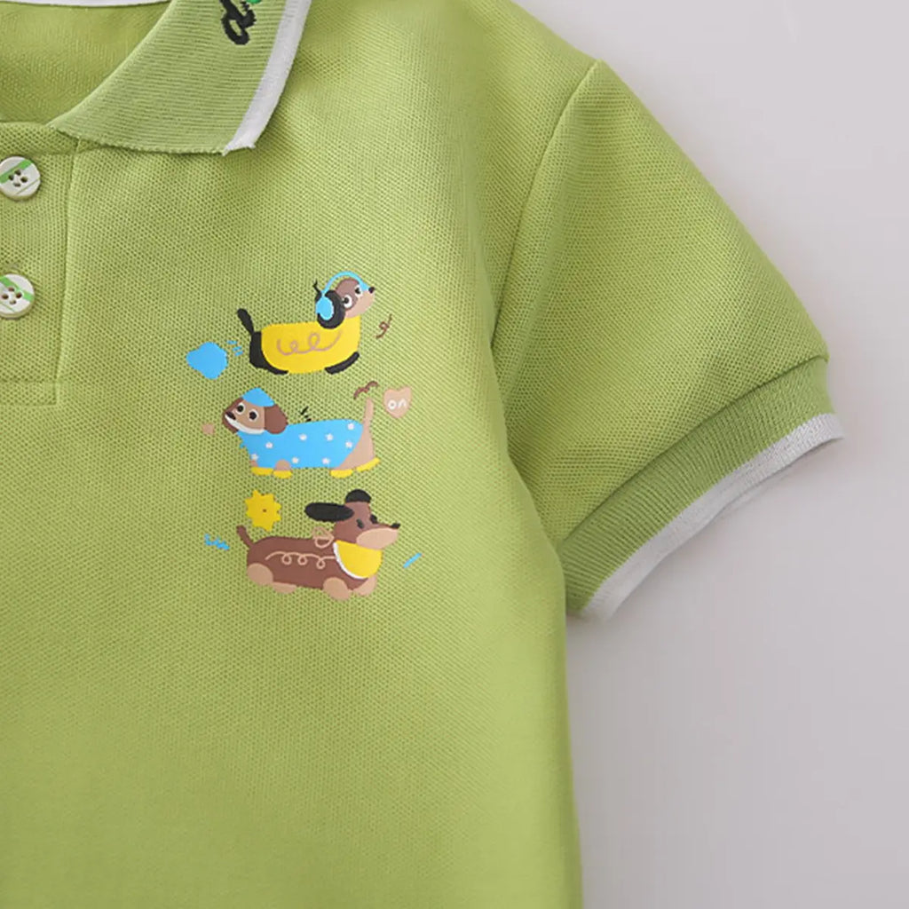 Boys Green Animal Graphic Short Sleeve Polo T-Shirt With Elasticated Shorts Sets 2 pc. Sets
