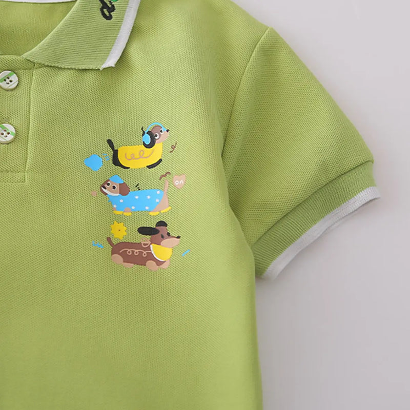Boys Green Animal Graphic Short Sleeve Polo T-Shirt With Elasticated Shorts Sets 2 pc. Sets