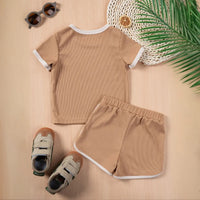 Girls Brown Ribbed Contrast Trims T-Shirt & Shorts Co-ord Sets Sets