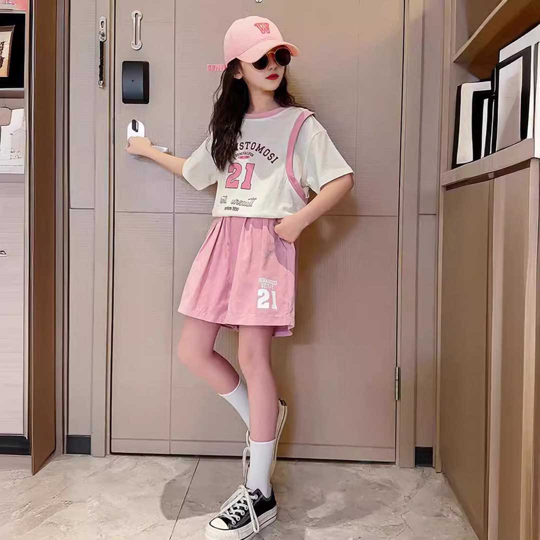 Girls Short Sleeve Typography Print T-Shirt With Shorts Set 2 pc. Sets   