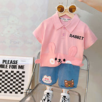 Boys Pink Bear Embroidery Polo T-Shirt With Denim Shorts Sets Pink 1-2 Y 