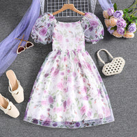 Girls White Floral Print Short Sleeve Fit & Flare Dress Casual Dresses White 8-9 Y
